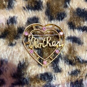 Gold-tone 'Mother' Heart Brooch with Pink Stones